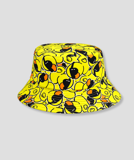 Gele bucket hat met all-over print van zwarte smiley gezichtjes
