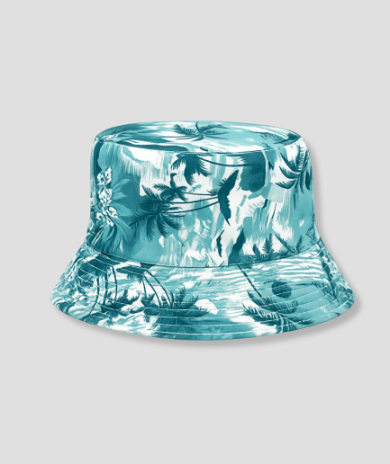 Turquoise bucket hat met tropische bladerprint