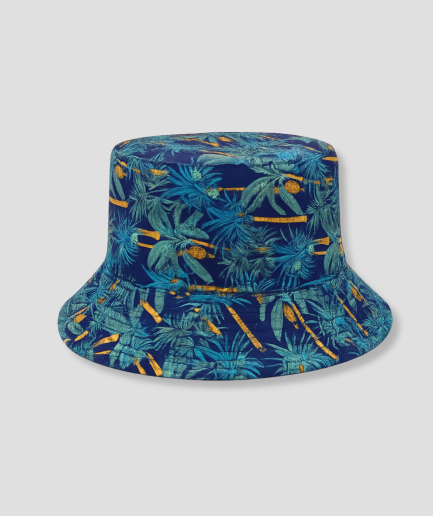 Donkerblauwe bucket hat met tropische print van palmbladeren en bamboe