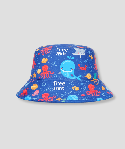 Blauwe bucket hat met print van zeedieren