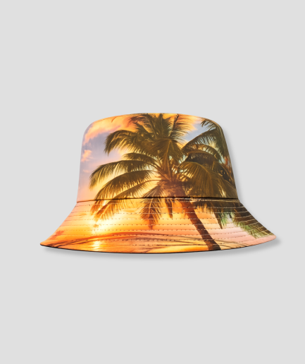 Bucket hat met print van zonsondergang en palmbomen