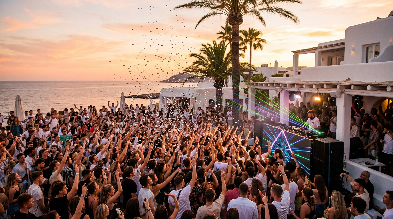 Feestende menigte op een clubterras op Ibiza bij zonsondergang
